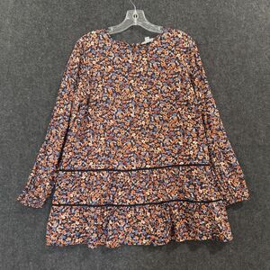 J Jill Tunic Dress Women's Navy Medium Multi Floral Long Sleeve Tiered Ruffle